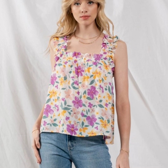 Tops - Flower Print Cinched Shoulder Top